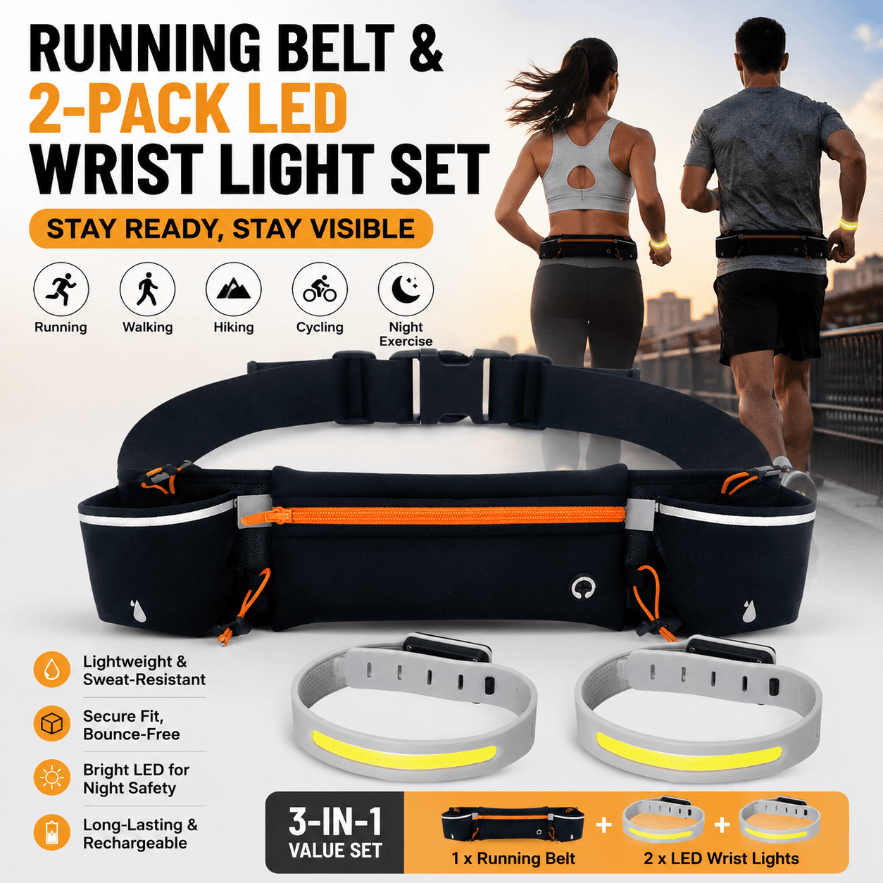 Orange Running Belt and 2 Pack LED Wrist Light Set - Orange Set Outdoor