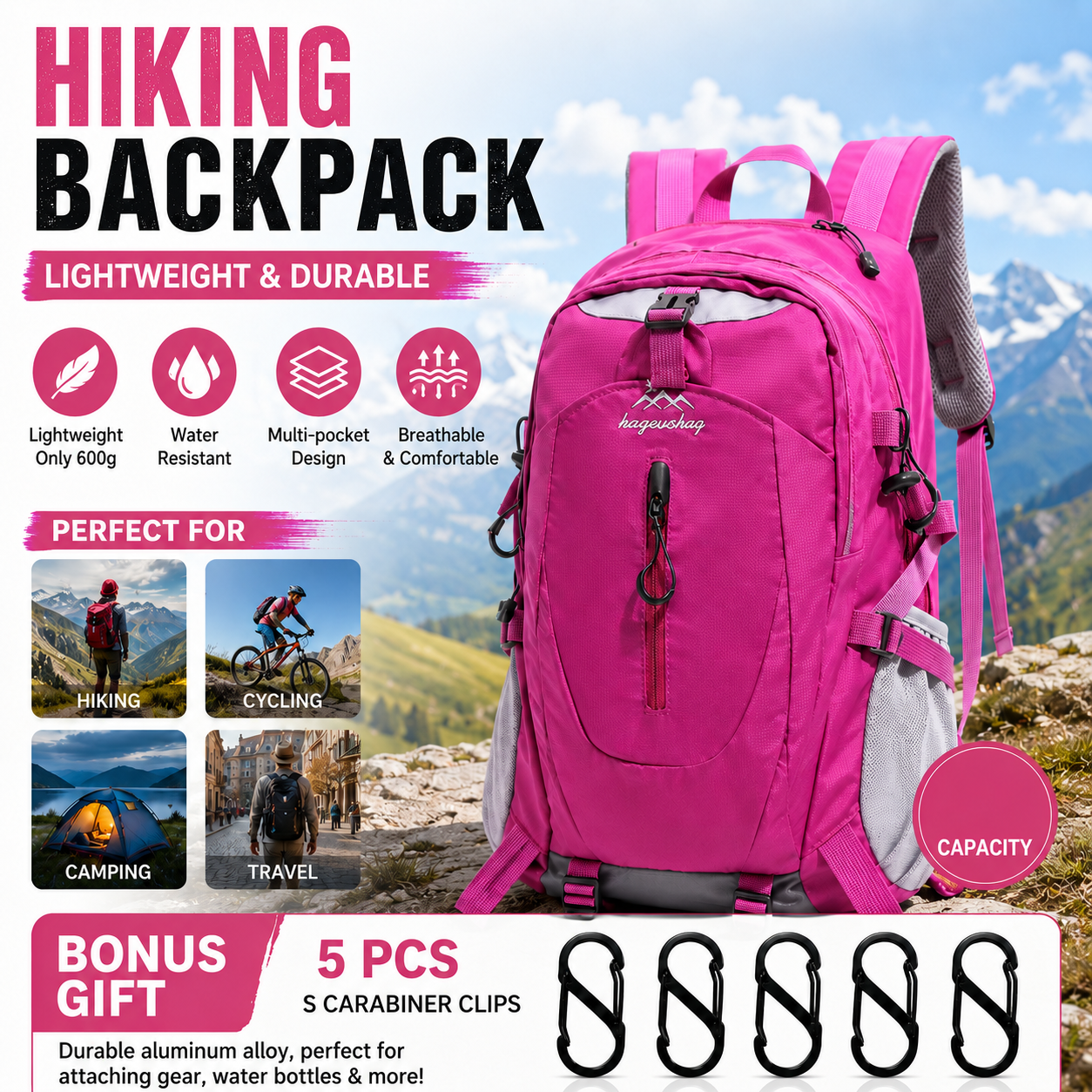 Rose Red Hiking Backpack with 5 Carabiners Included - Lightweight