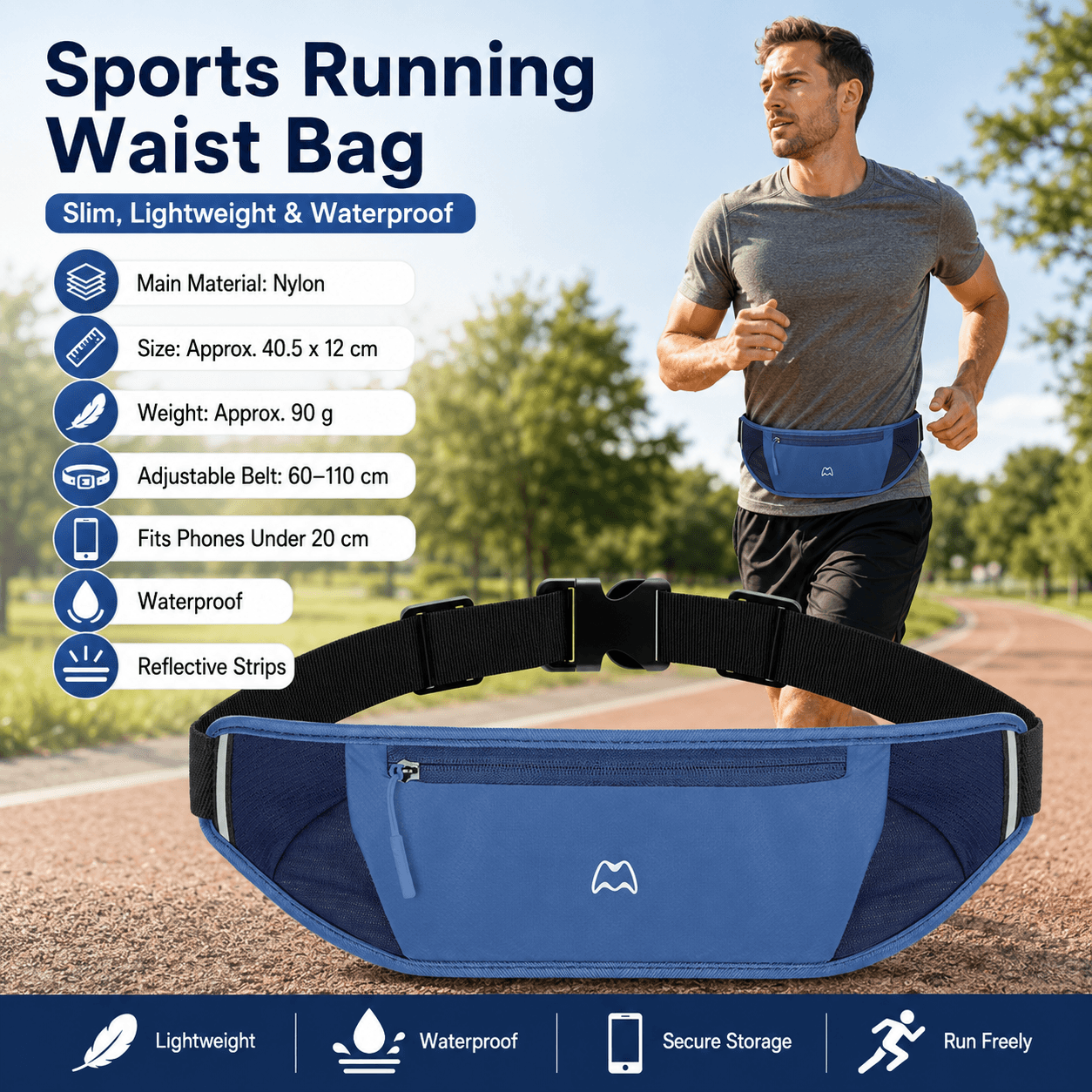 Blue Running Waist Pack-Made of waterproof nylon with an adjustable strap