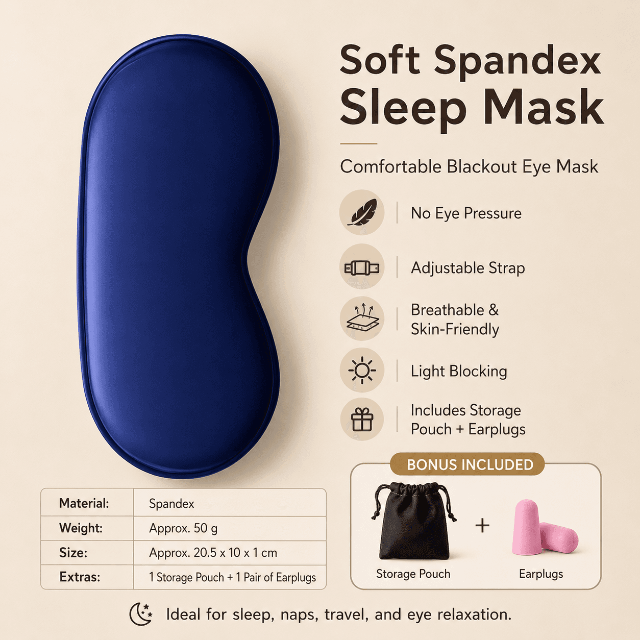 Blue Spandex Sleep Eye Mask - 360 Degree Blackout, Zero Pressure Fit