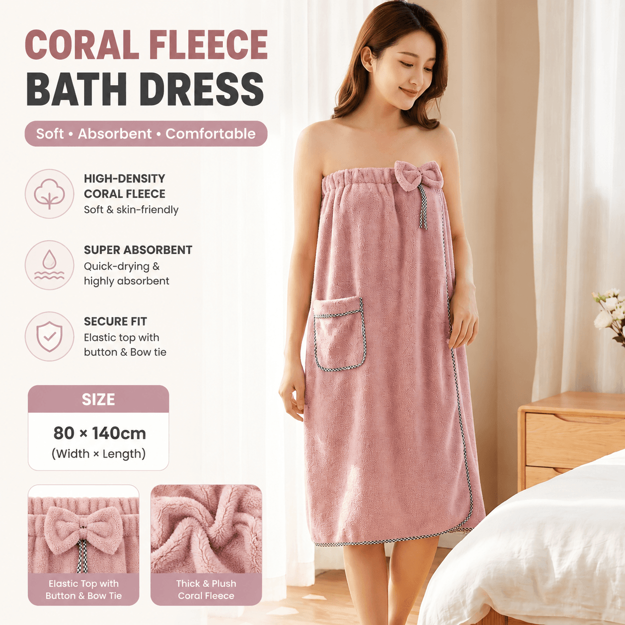 Peach Women's Coral Fleece Wearable Bath Towel Wrap - 80 × 140 cm