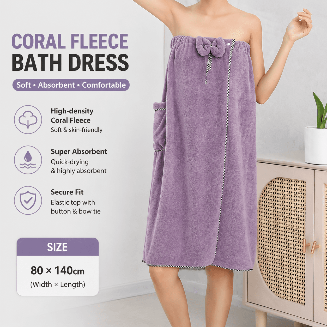 Purple Women's Coral Fleece Wearable Bath Towel Wrap - 80 × 140 cm
