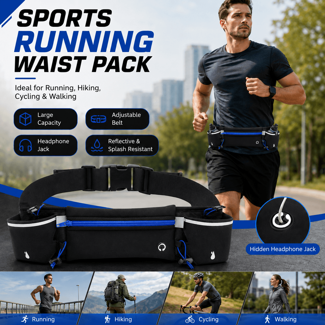 Blue Running Waist Pack Sports Belt with Water Bottle Holder Adjustable
