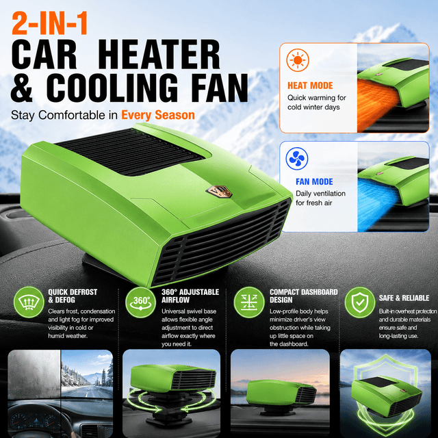 Green Compact Car Heater Fan with 360° Adjustable Base, Fast - 12V / 150W
