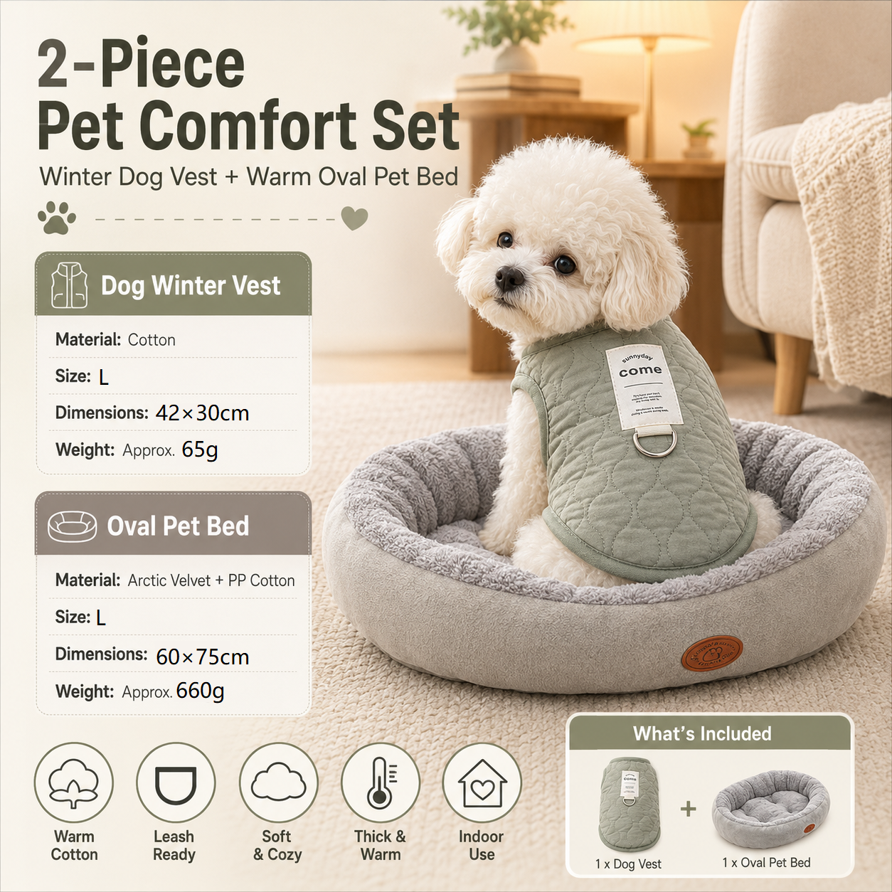 Winter Pet Care Bundle - L Size 42 × 30 cm Green Quilted Dog Vest with Leash