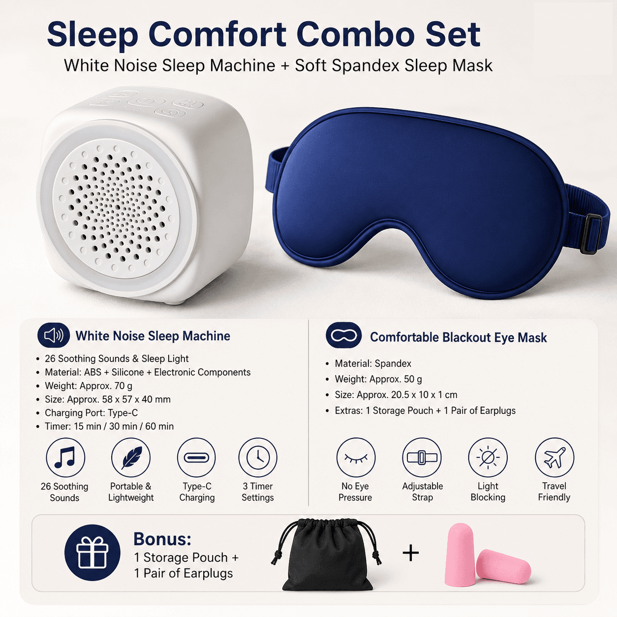 Soft Sleep Aid combination - White Noise Machine with 7-Colour Night - Blue