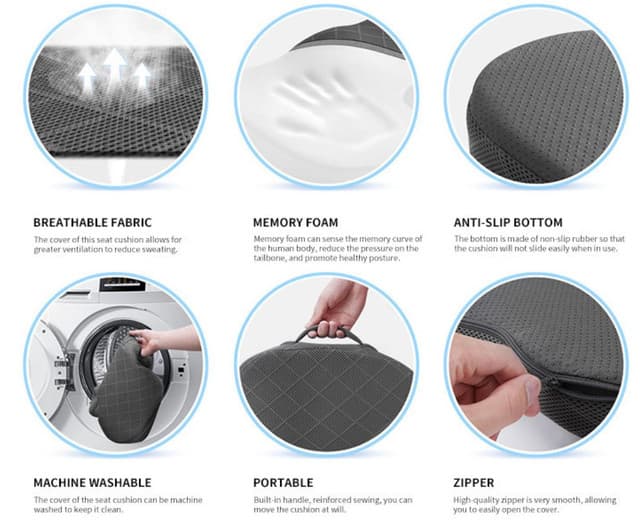 Black Ergonomic Memory Foam U-Shaped Seat Cushion - Breathable - 45 × 36 cm