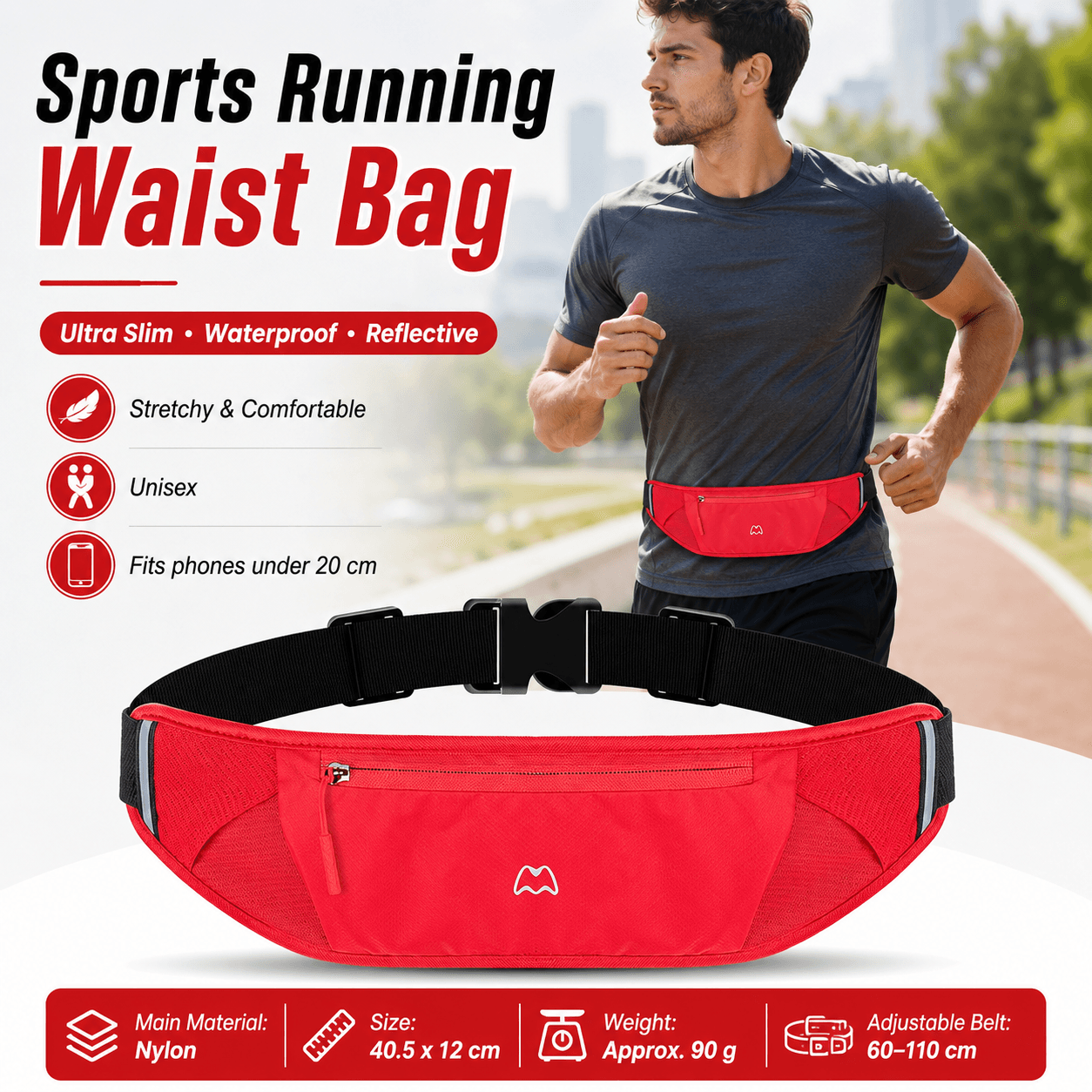 Red Running Waist Pack-Made of waterproof nylon with an adjustable strap