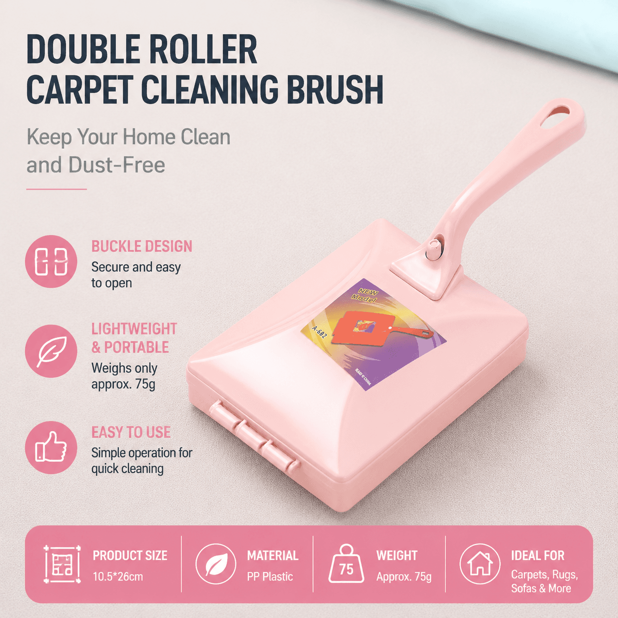 Pink Double Roller Cleaning Brush - PP Material, Sealed Dustpan Design