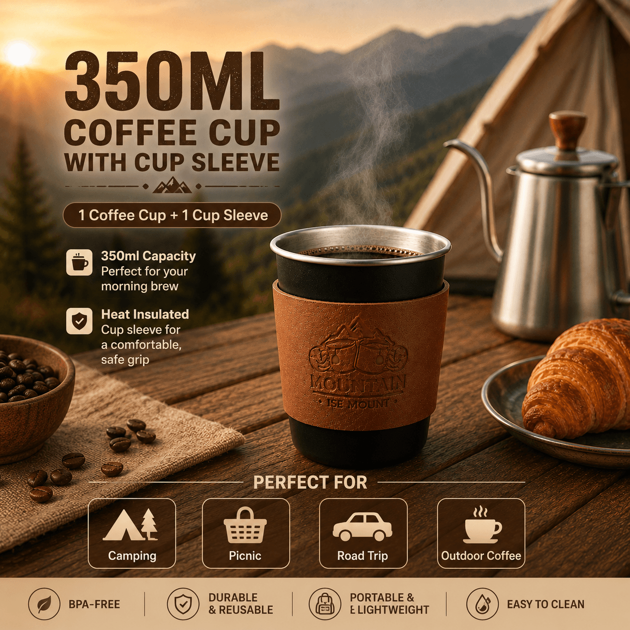 Black 304 Stainless Steel Camping Coffee Cup with Leather Sleeve - 350 ml