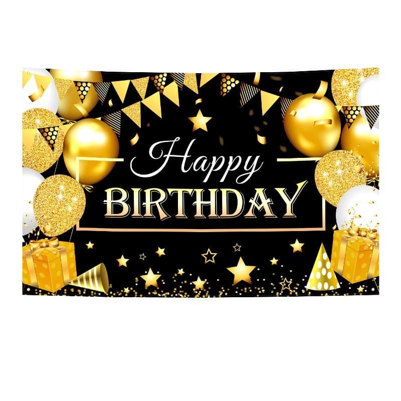 180 × 115 cm Golden and Black Happy Birthday Banner - Glitter Party Backdrop