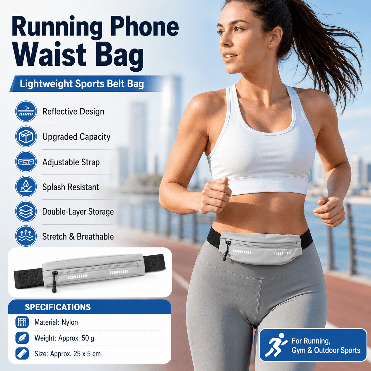 Grey Running Waist Belt - High Stretch Nylon Sports Fanny Pack