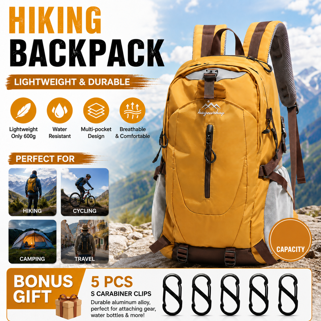 Yellow Hiking Backpack with 5 Carabiners Included - Lightweight