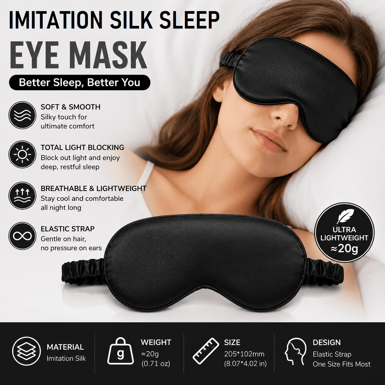Black Imitation Silk Sleep Eye Mask - Soft Breathable Light Blocking Design