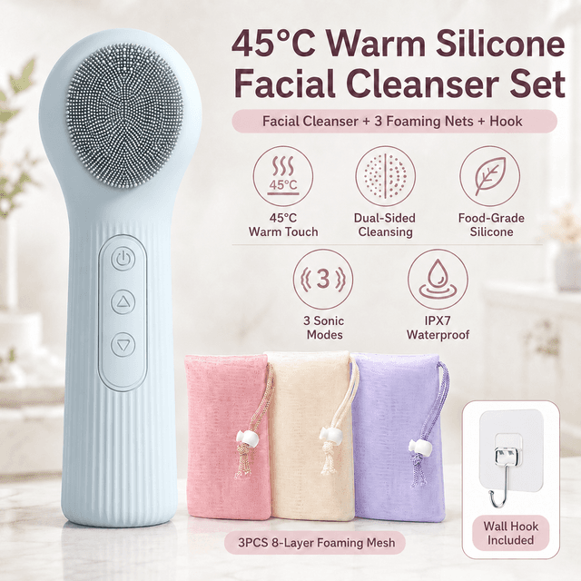 Blue 45°C Constant Heating Silicone Facial Cleansing Brush - Blue Silicone