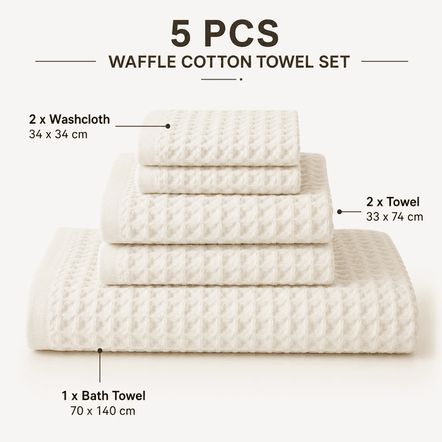 5 Piece White Waffle Weave 100% Cotton Towel Set - Quick Dry Absorbent Bath