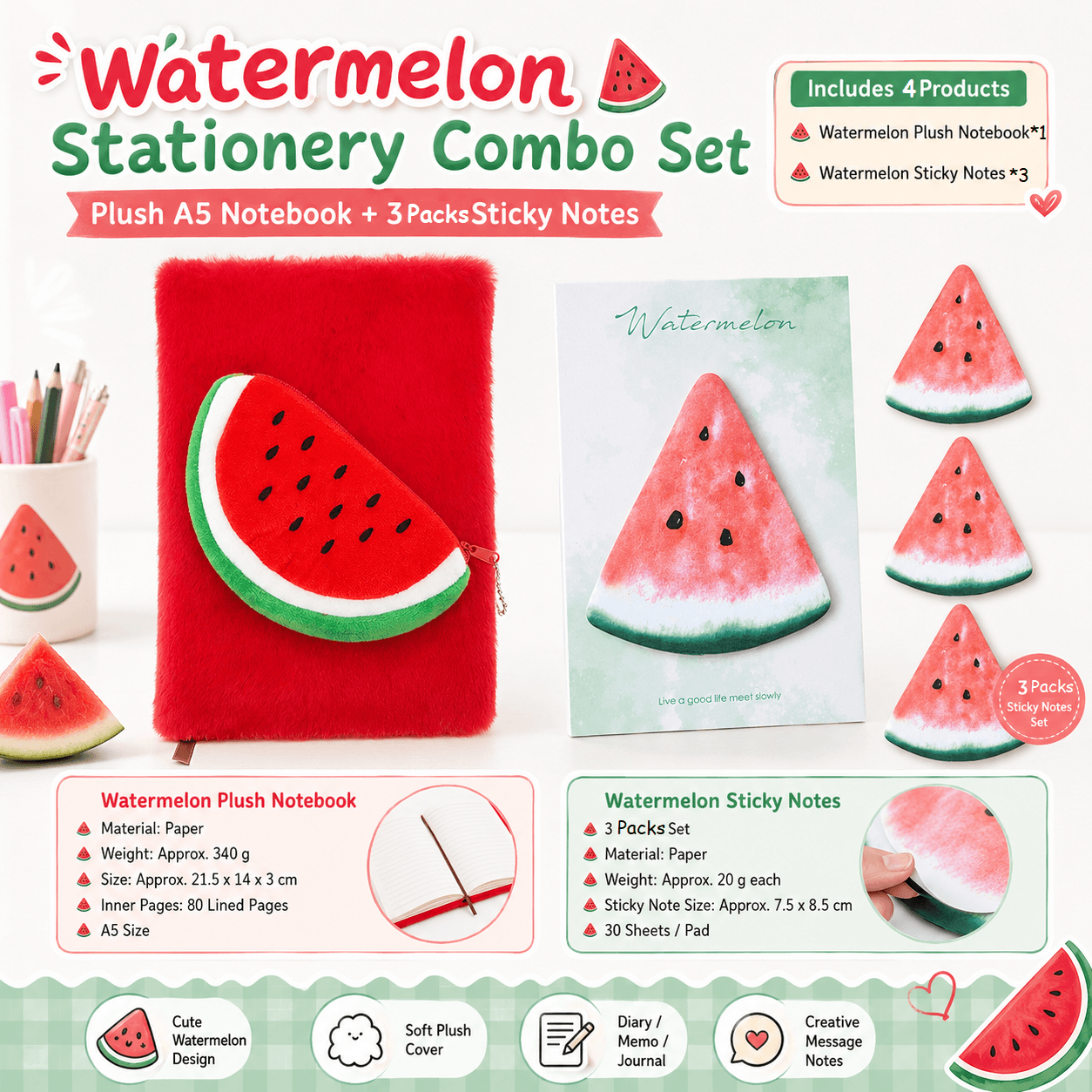 Fruit-Shaped Office Supplies Set-3 packs Watermelon Shaped Sticky Notes