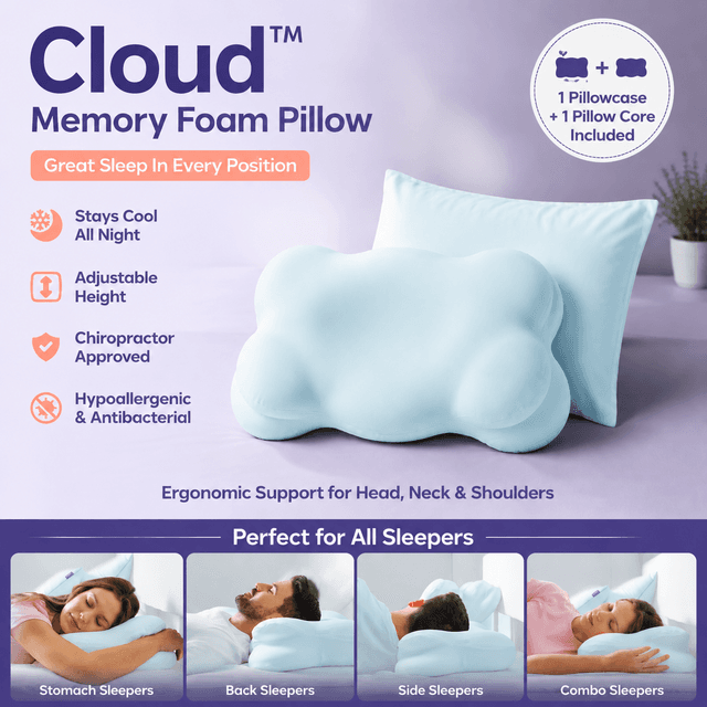 Light Blue Cloud Memory Foam Cervical Support Pillow - Size 71 × 38 × 13 cm