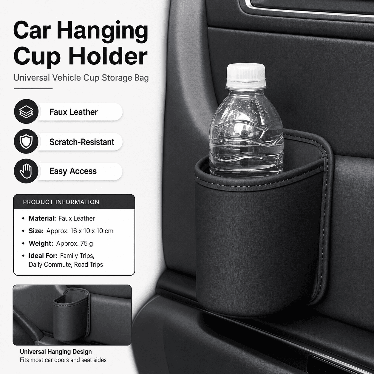 Black Universal Car Door Cup Holder - PU Leather Hanging Storage Organizer