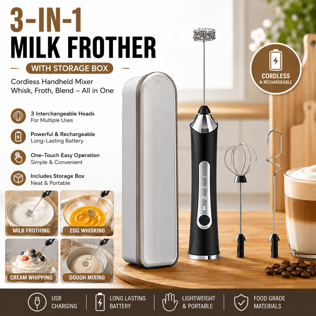Black 3 in 1 Handheld Electric Milk Frother with Storage Case Wireless