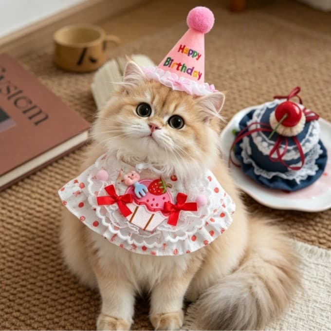 Size S Pink Pet Birthday Party Supplies Strawberry Cake Bib and Hat Set Cat