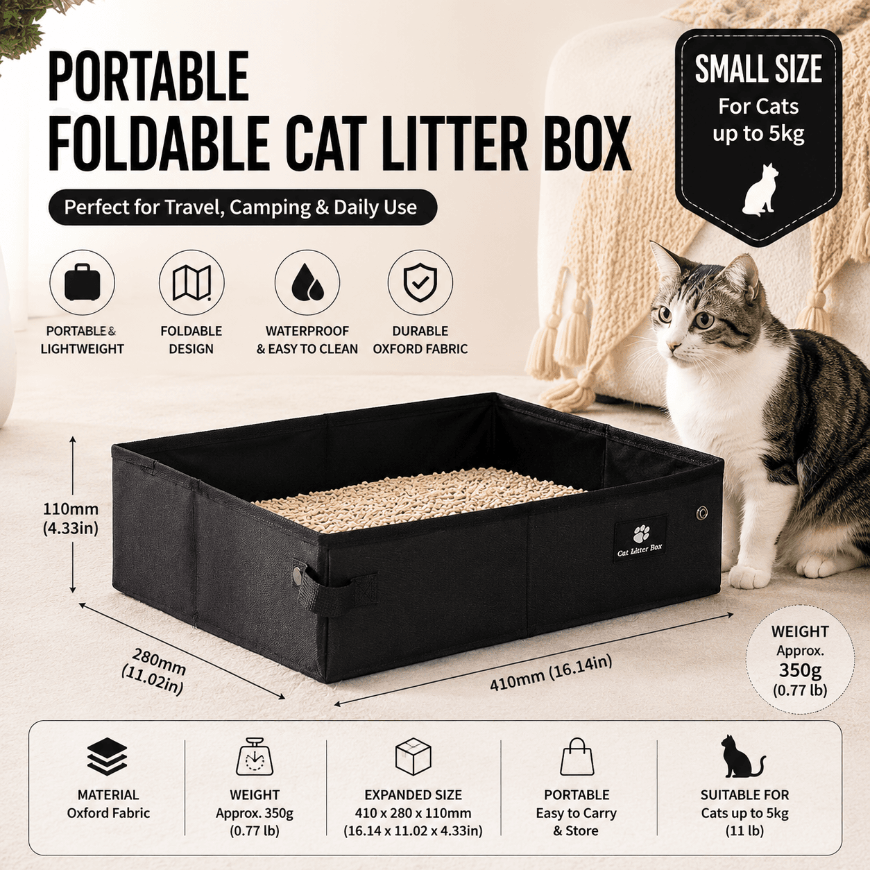 Black Small size Portable Foldable Cat Litter Box - Oxford Fabric