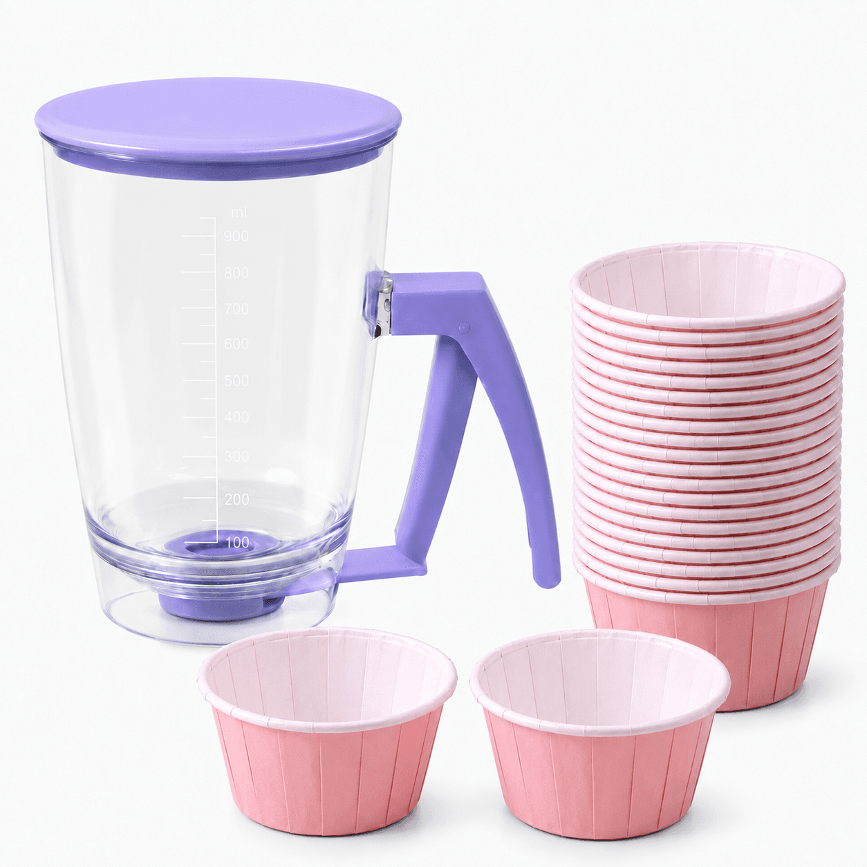 Handheld Batter Dispenser - 900 ml with 50 Pink Cupcake Liners - Purple