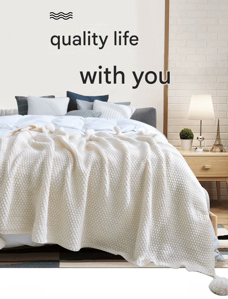 Beige 110 × 150 cm Nordic Style Tassel Knit Throw Blanket - Soft Polyester