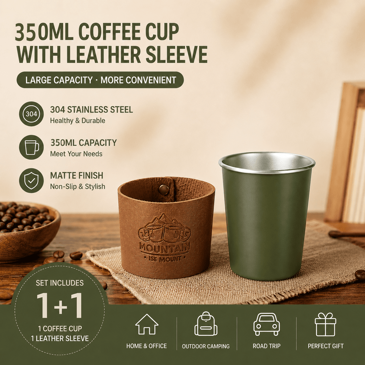 Green 304 Stainless Steel Camping Coffee Cup with Leather Sleeve - 350 ml