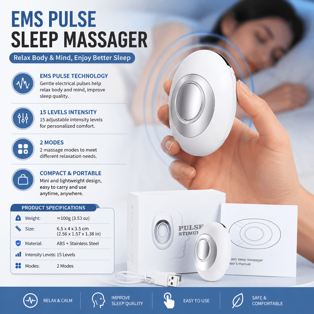 White Portable EMS Pulse Sleep Aid Device - 15 Adjustable Levels, Dual Mode