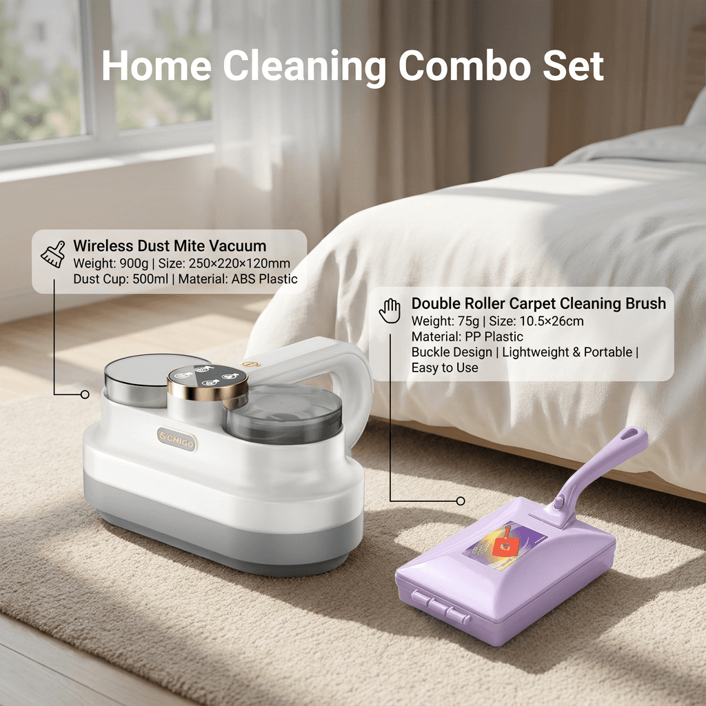 Winter Cleaning Kit White Wireless Dust Mite Vacuum and Purple Double Roller