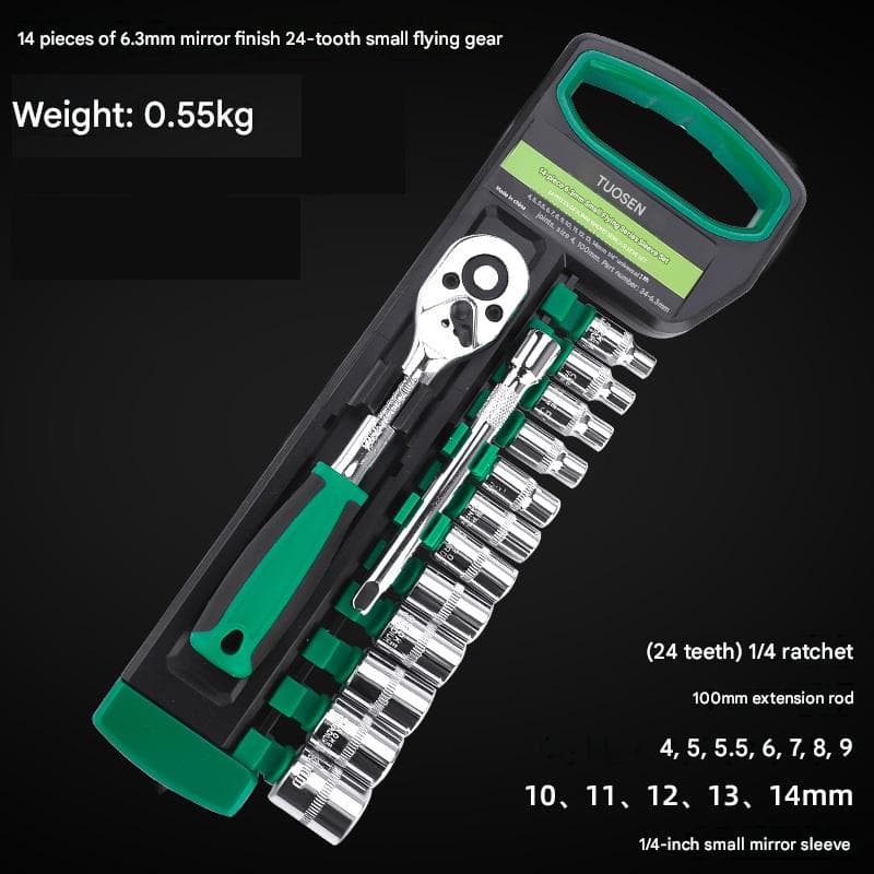Green 14-Piece 1/4-Inch Drive 24-Tooth Ratchet & Socket Set - 14 1 4