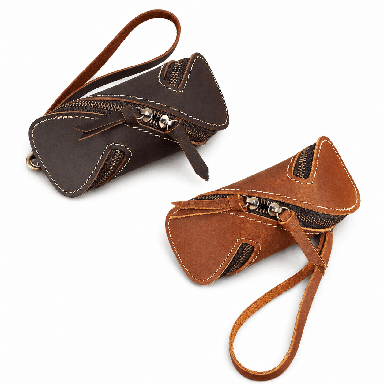 2-Piece Retro Genuine Leather Key Pouch（Brown and Coffee-colored） - 12.5 cm