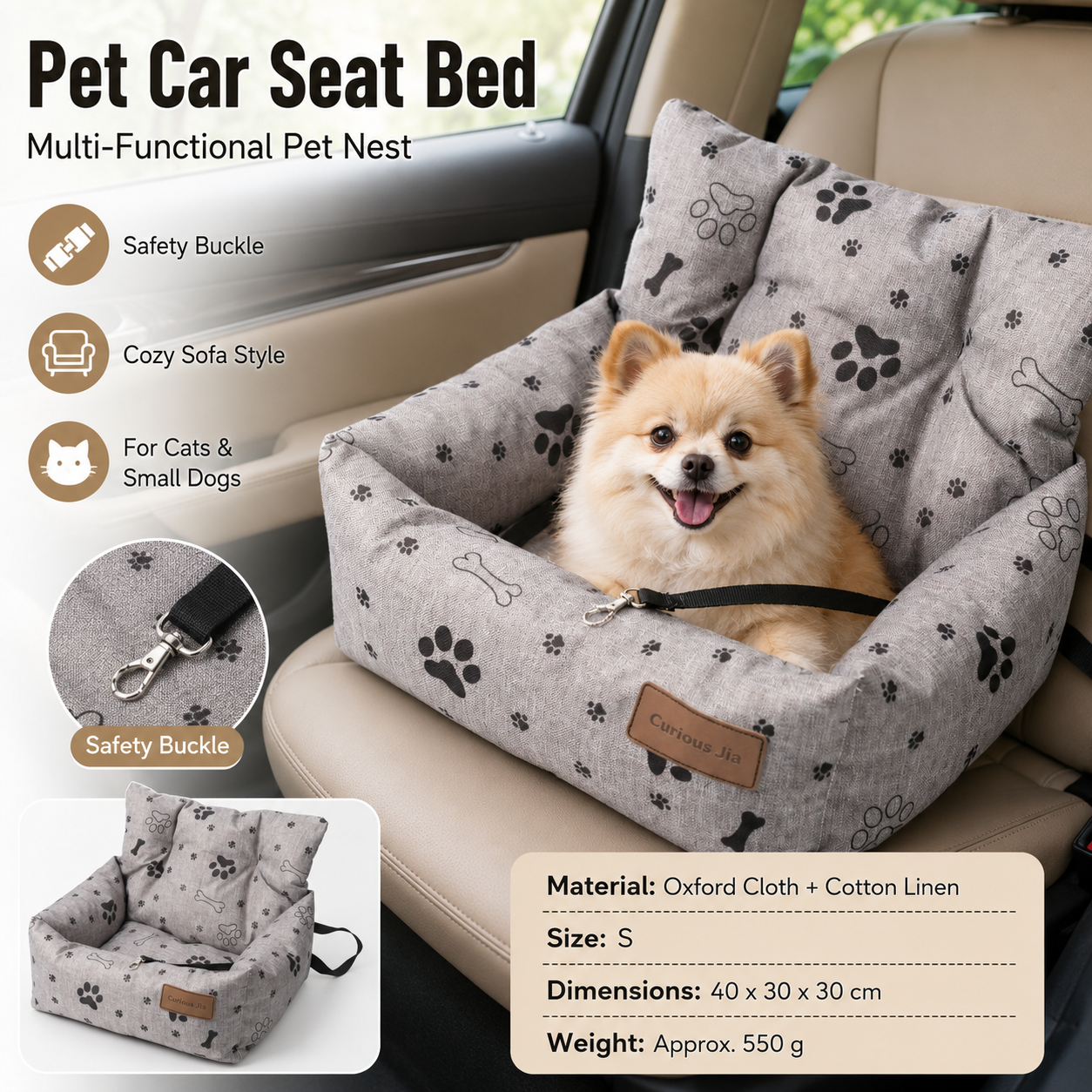 Grey Paw print pattern S Size 40 × 30 cm Car pet bed -Oxford Linen Removable