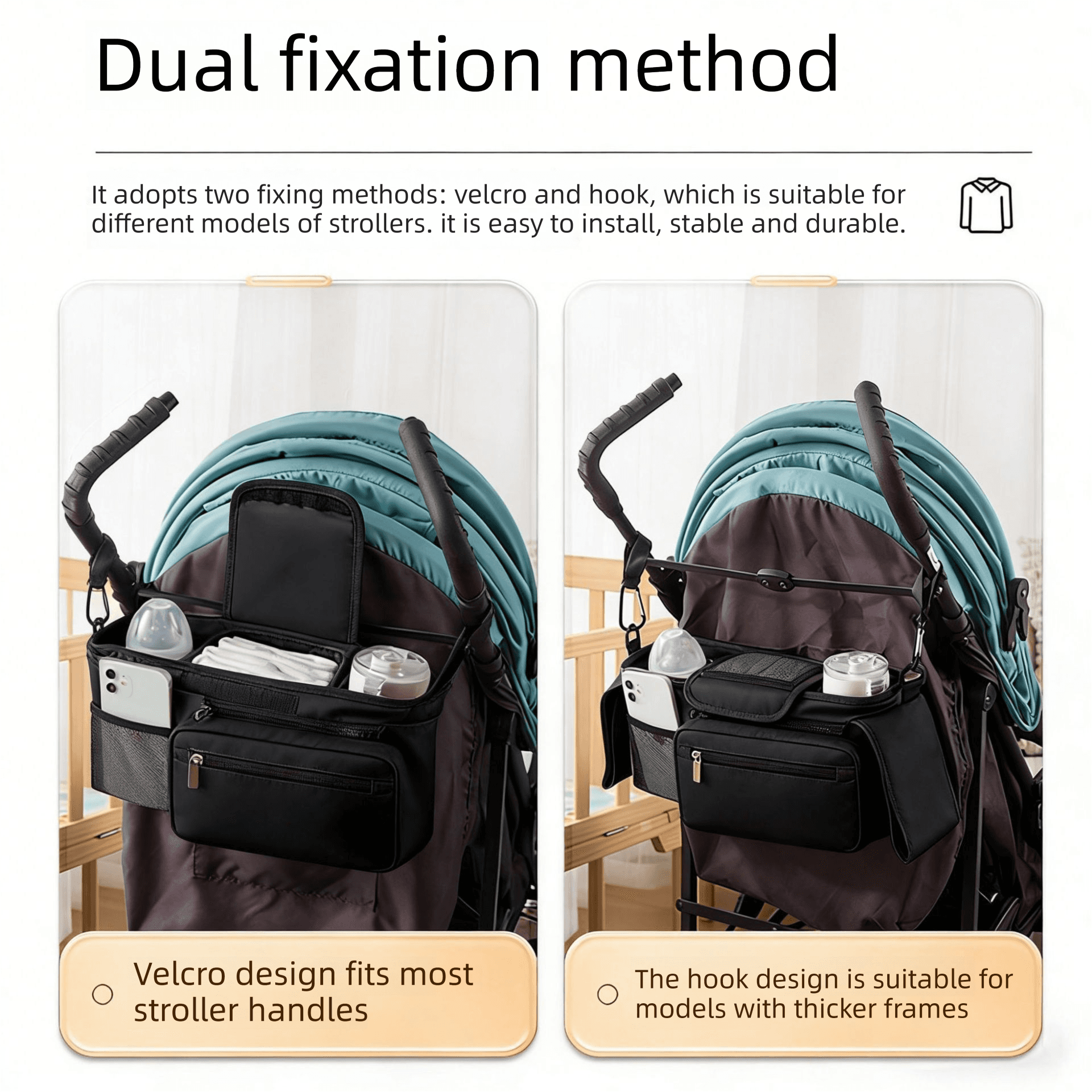 Black Universal Stroller Organizer Bag - Water-Resistant Fabric - Dual