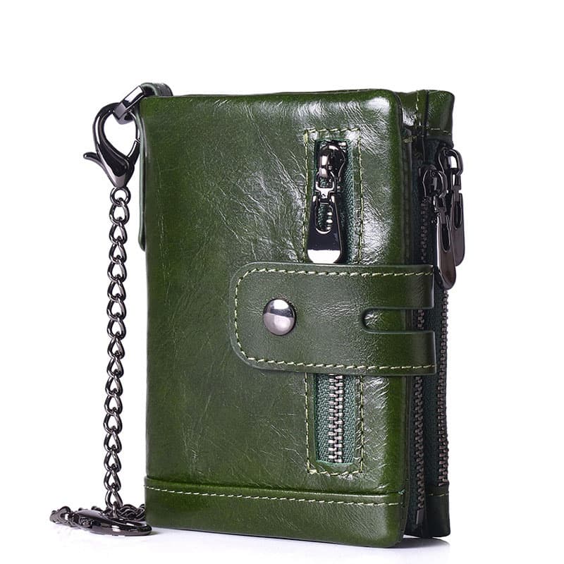 Green RFID Blocking Leather Wallet for Men - Vertical Oil Wax Cowhide Bifold