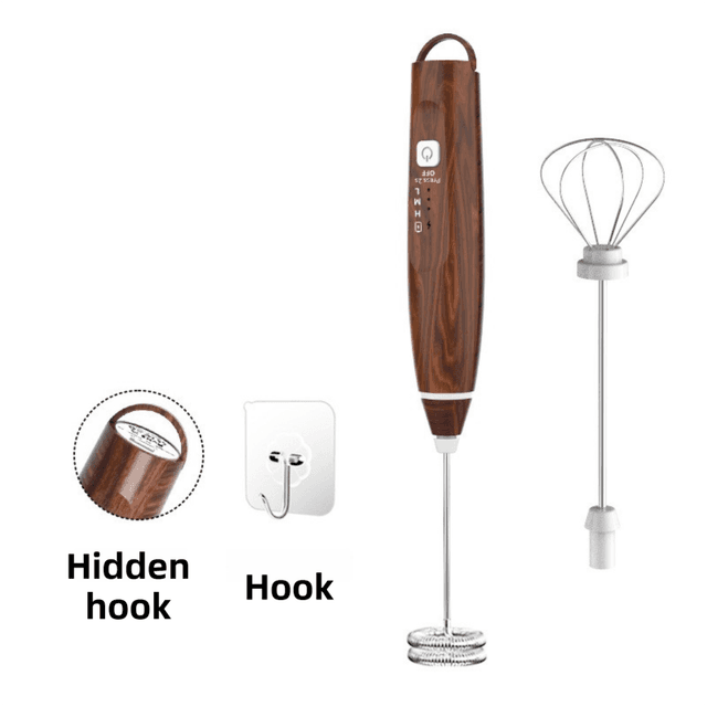 Wood Grain Wireless 3-Speed Milk Frother & Egg Whisk with Dual Mixing Heads