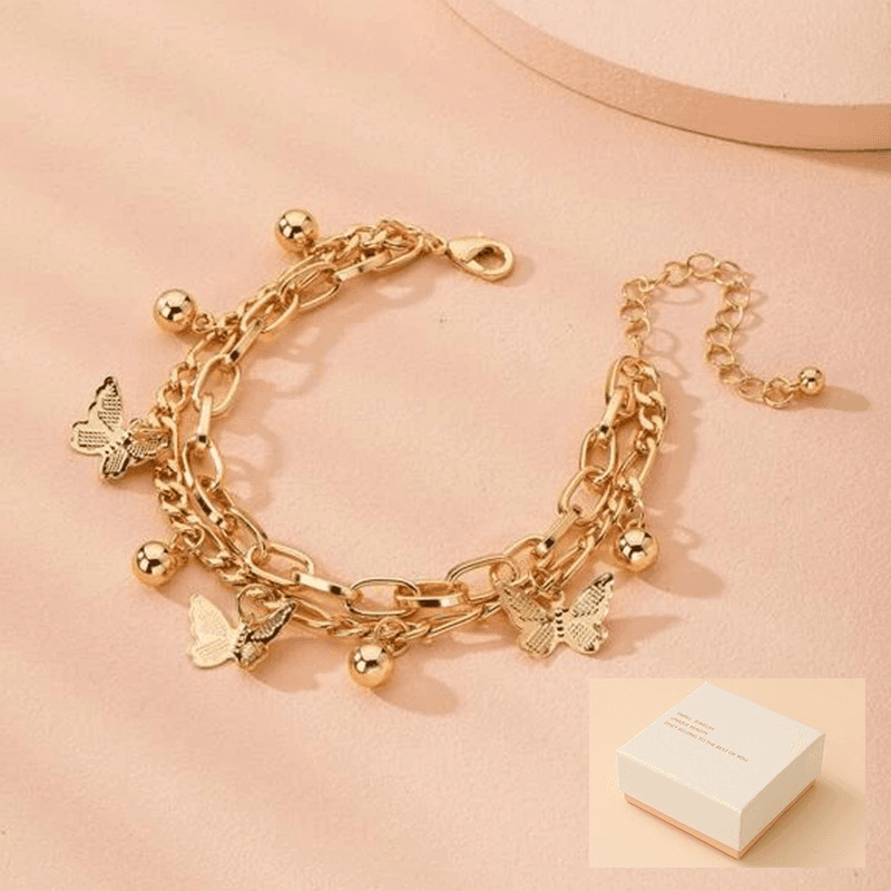 Aureate Butterfly Charm Layered Chain Bracelet - Gold and Silver Alloy