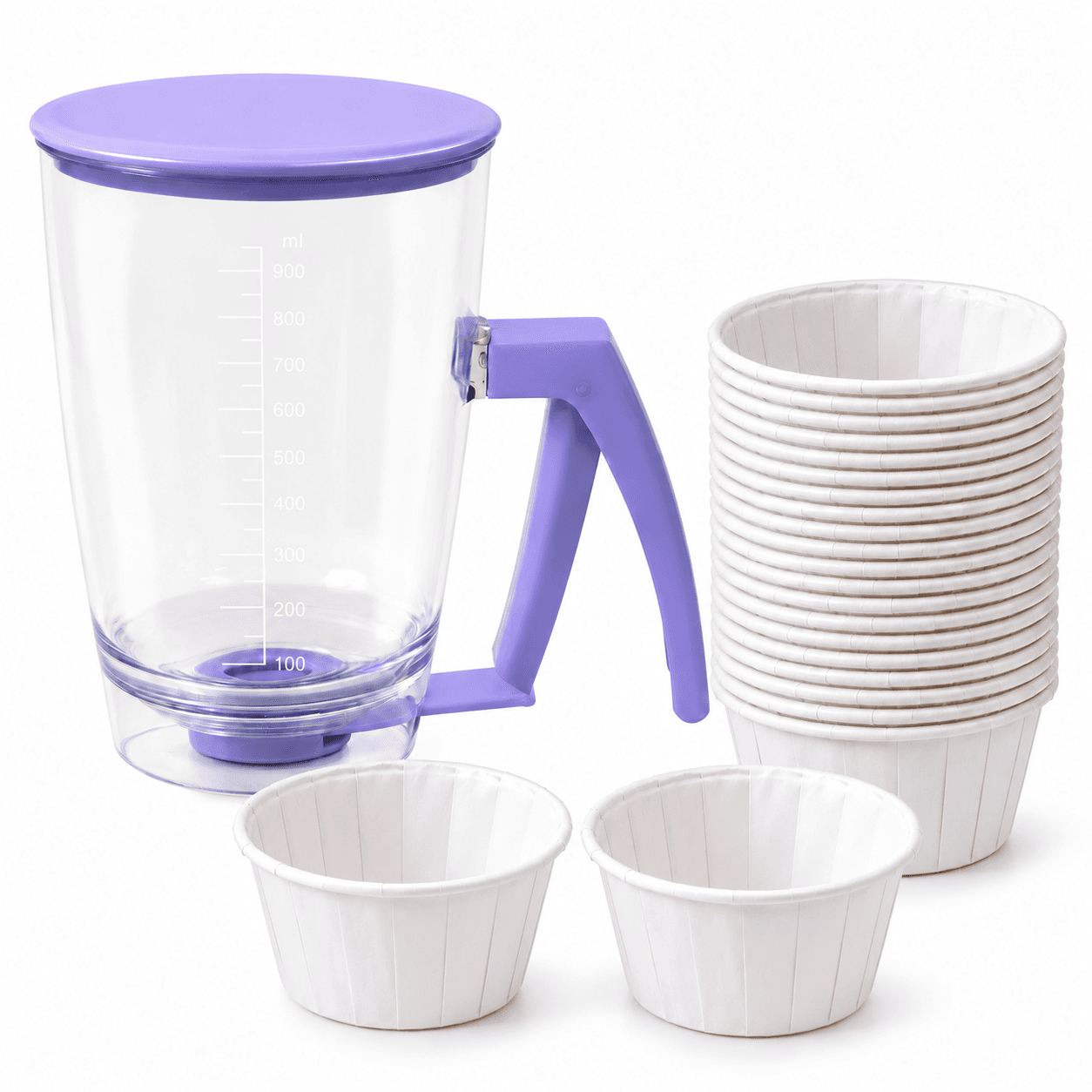 Handheld Batter Dispenser - 900 ml with 50 White Cupcake Liners - Purple