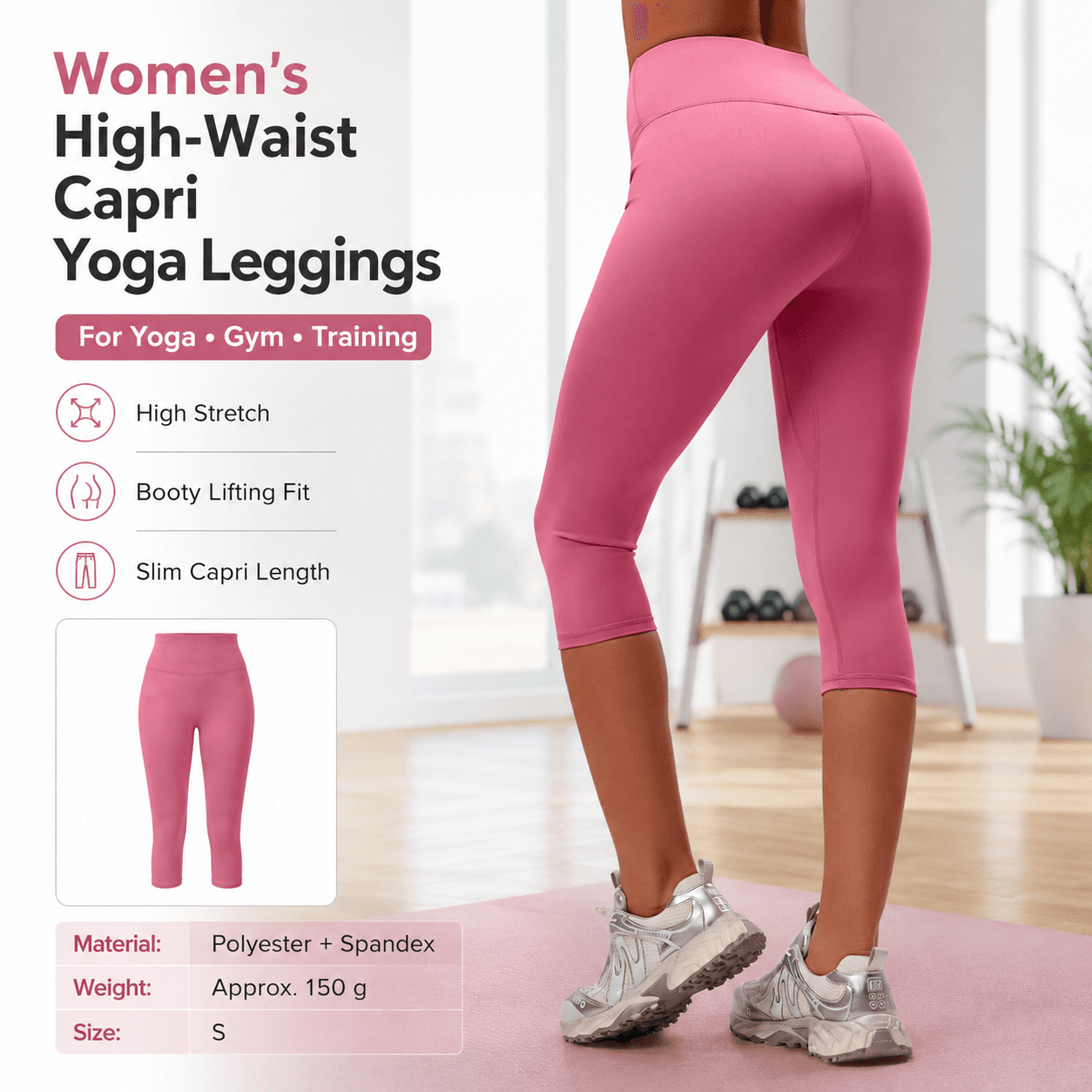 Pink S Size Women's High Waist 3/4 Yoga Leggings - Peach Hip Lift Design