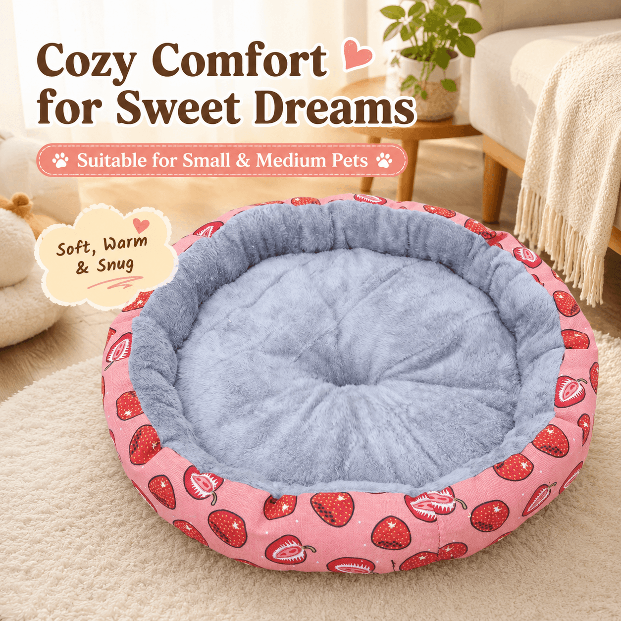 Round Pet Bed for Small Dogs and Cats, Soft Plush Calming - Diameter: 45 cm