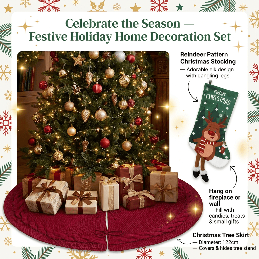 Festive Holiday Home Decoration Set - Red Knitted Christmas Tree Skirt