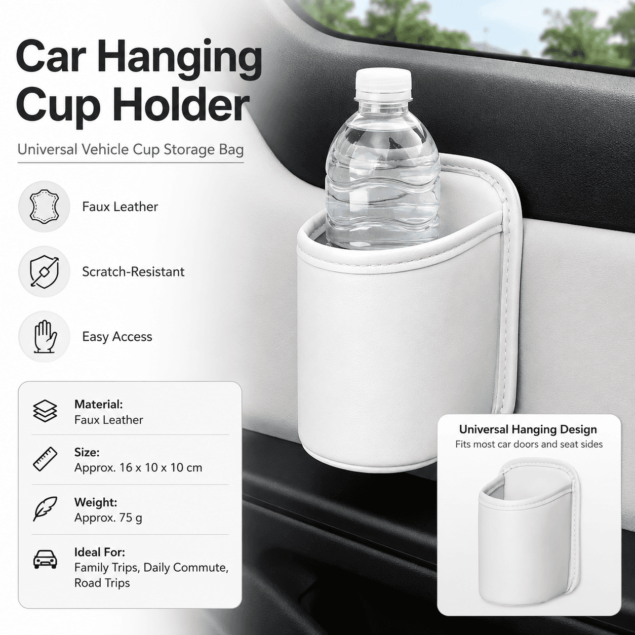 White Universal Car Door Cup Holder - PU Leather Hanging Storage Organizer