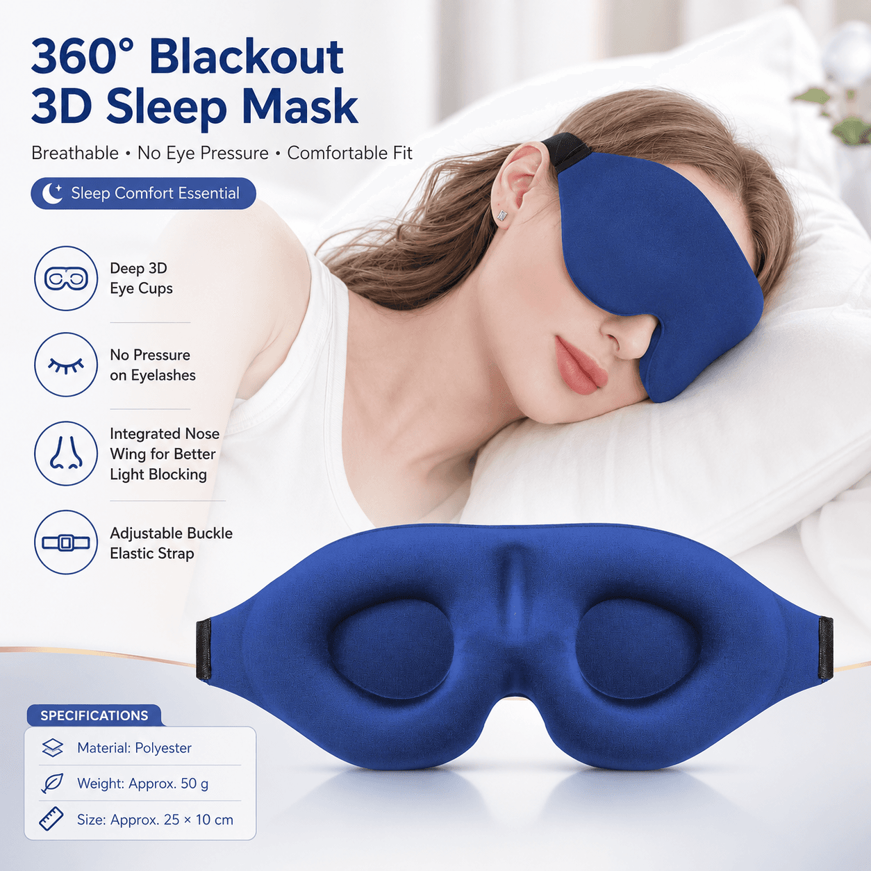 Blue 3D Contoured Sleep Eye Mask - 360 Degree Blackout Blindfold