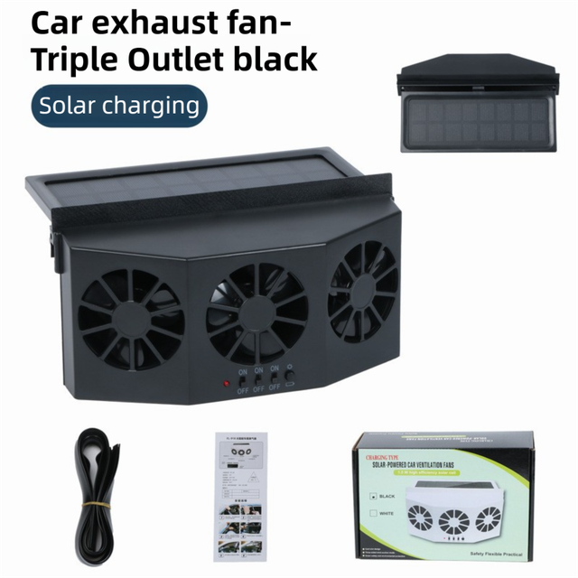 Black Solar Rechargable Triple Outlet Car Window Ventilation and Exhaust Fan