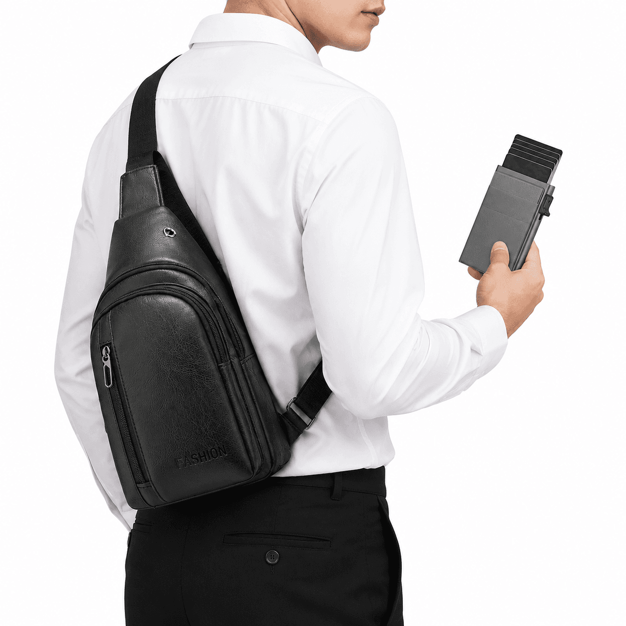 Office Commuter Business Set-Black Men's PU Leather Chest - Black and Grey