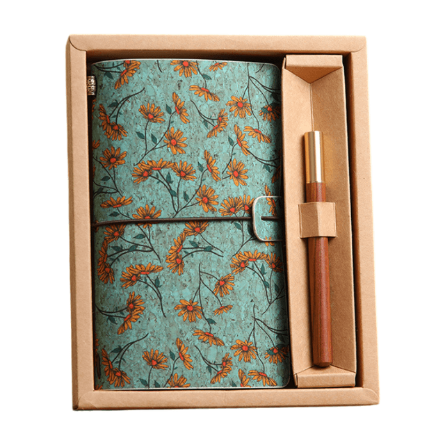 Wild Rose Retro A6 Travelers Leather Notebook & Wooden Pen Gift Box - Floral