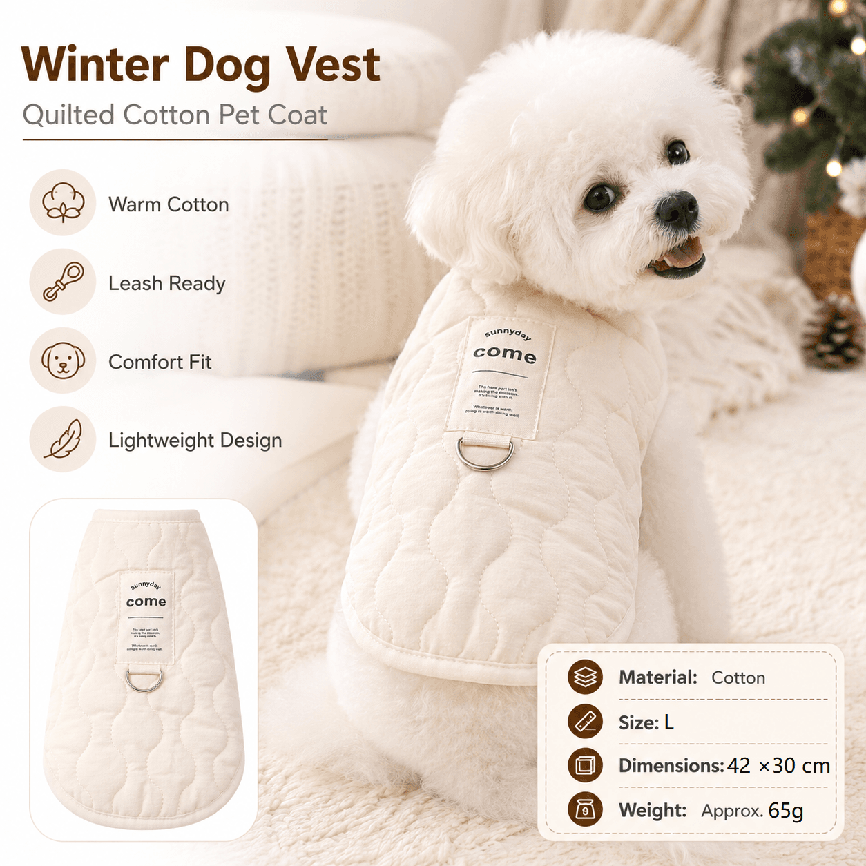 Beige L Size 42 × 30 cm Fleece-lined thickened dog vest - Cotton Fleece