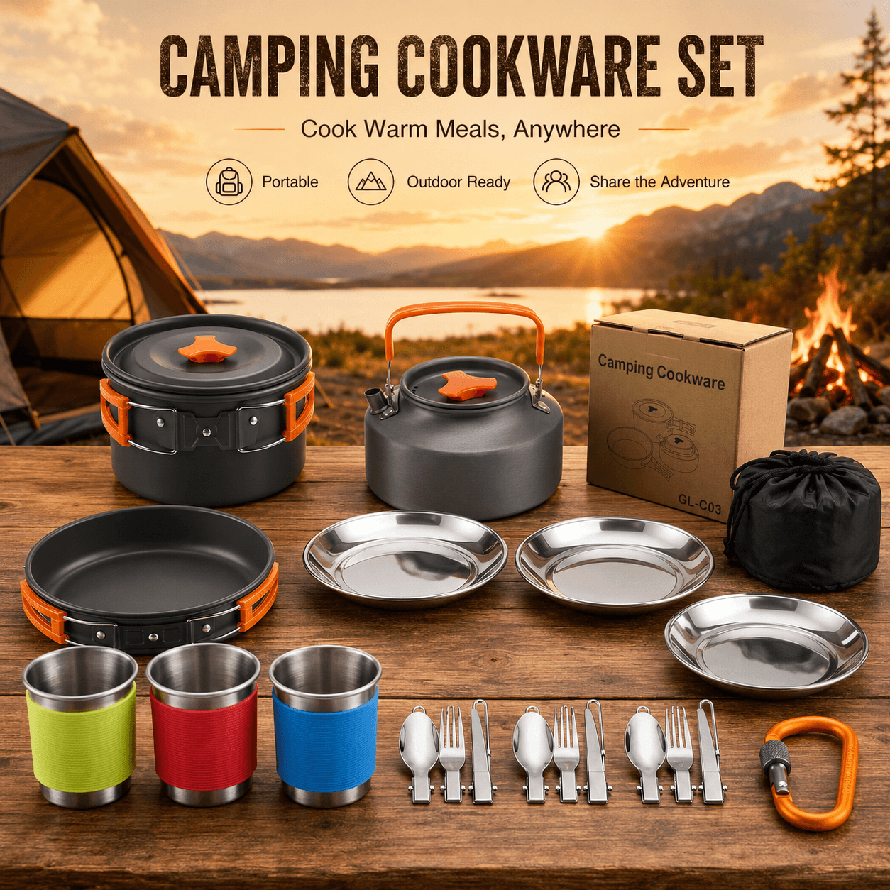 Orange Camping Cookware Set for 2-3 People - Portable Outdoor Cooking Pot