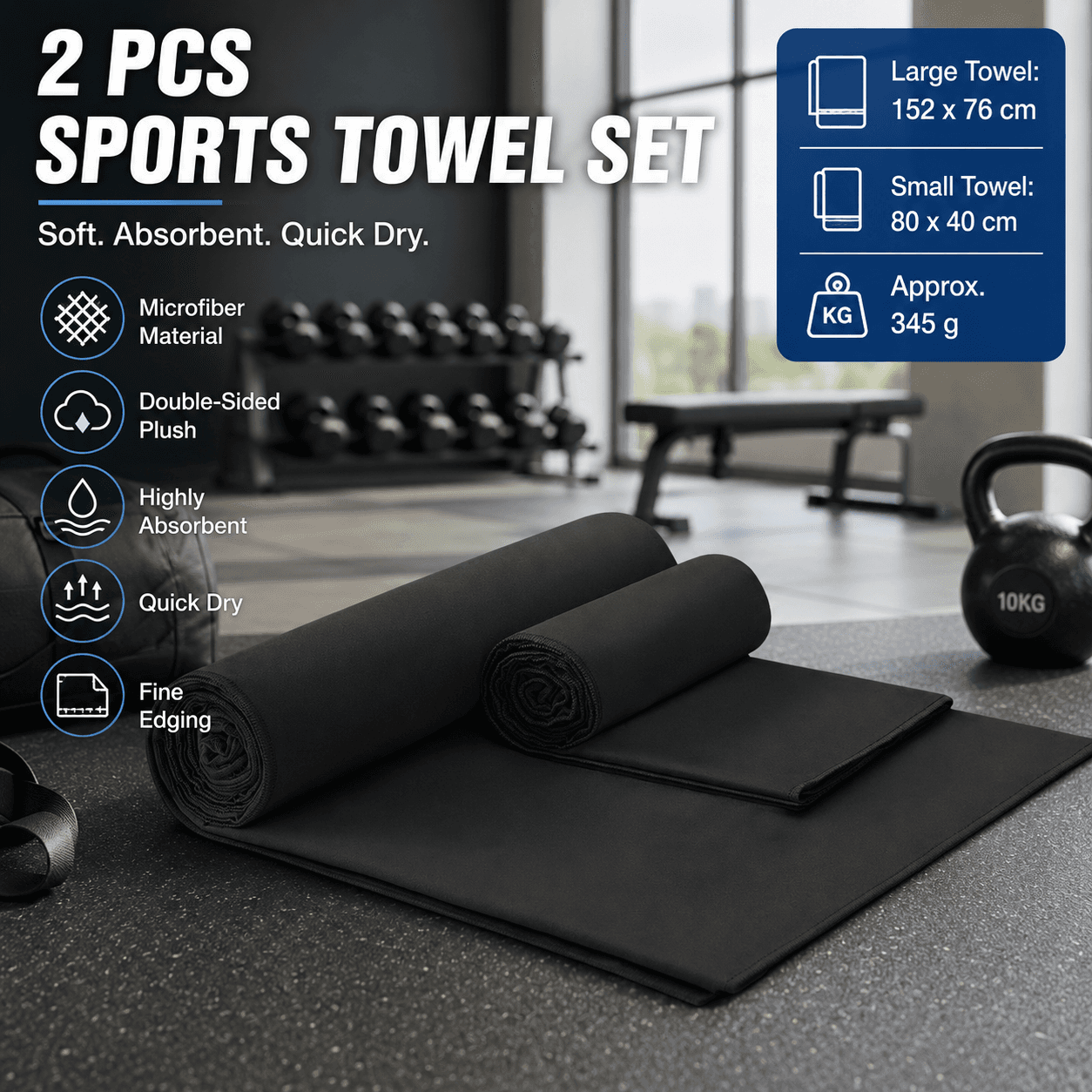 2 Piece Black Microfiber Sports Towel Set - 152 × 76 cm and 80 × 40 cm Quick